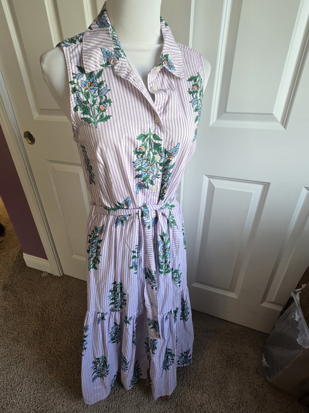 J. Crew Factory Lavender Stripe Midi Dress with Green Floral Print - 8